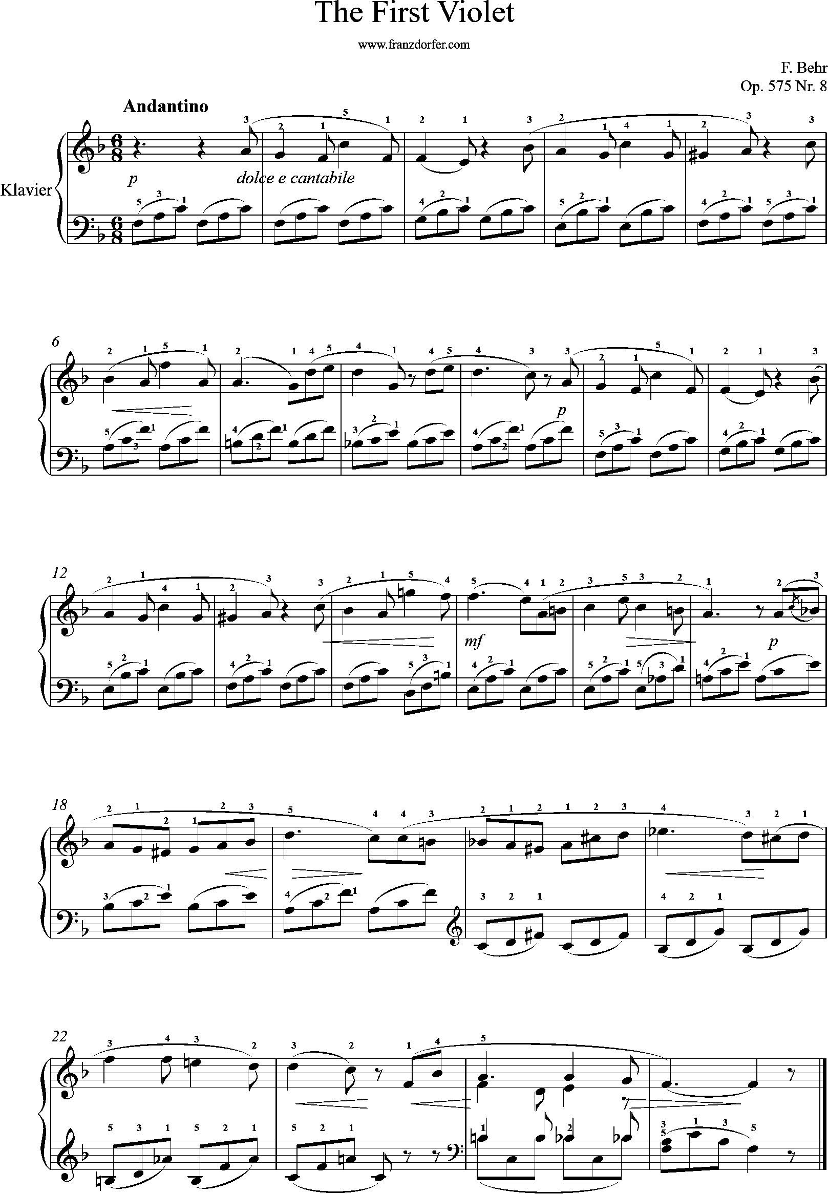 klaviernoten, The First Violet, op575-8, F-Behr